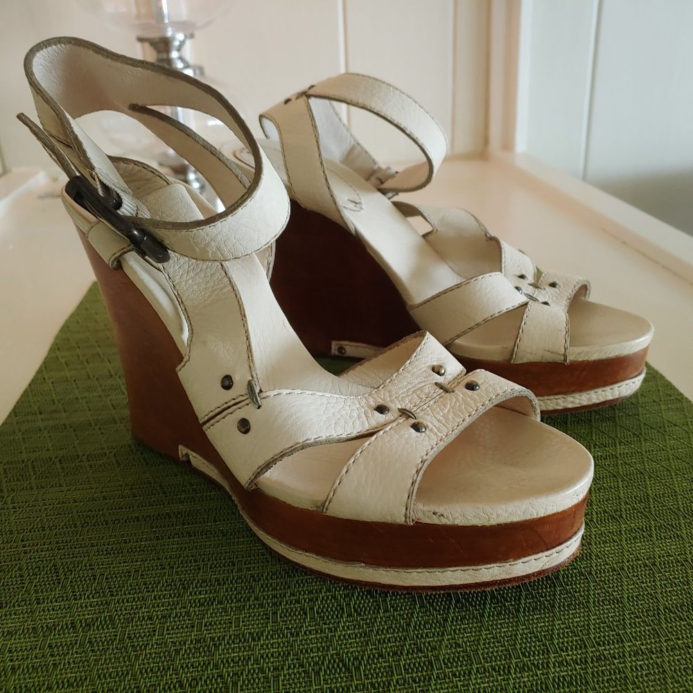 Chloe Ivory Leather Ankle Strap Wood Wedges